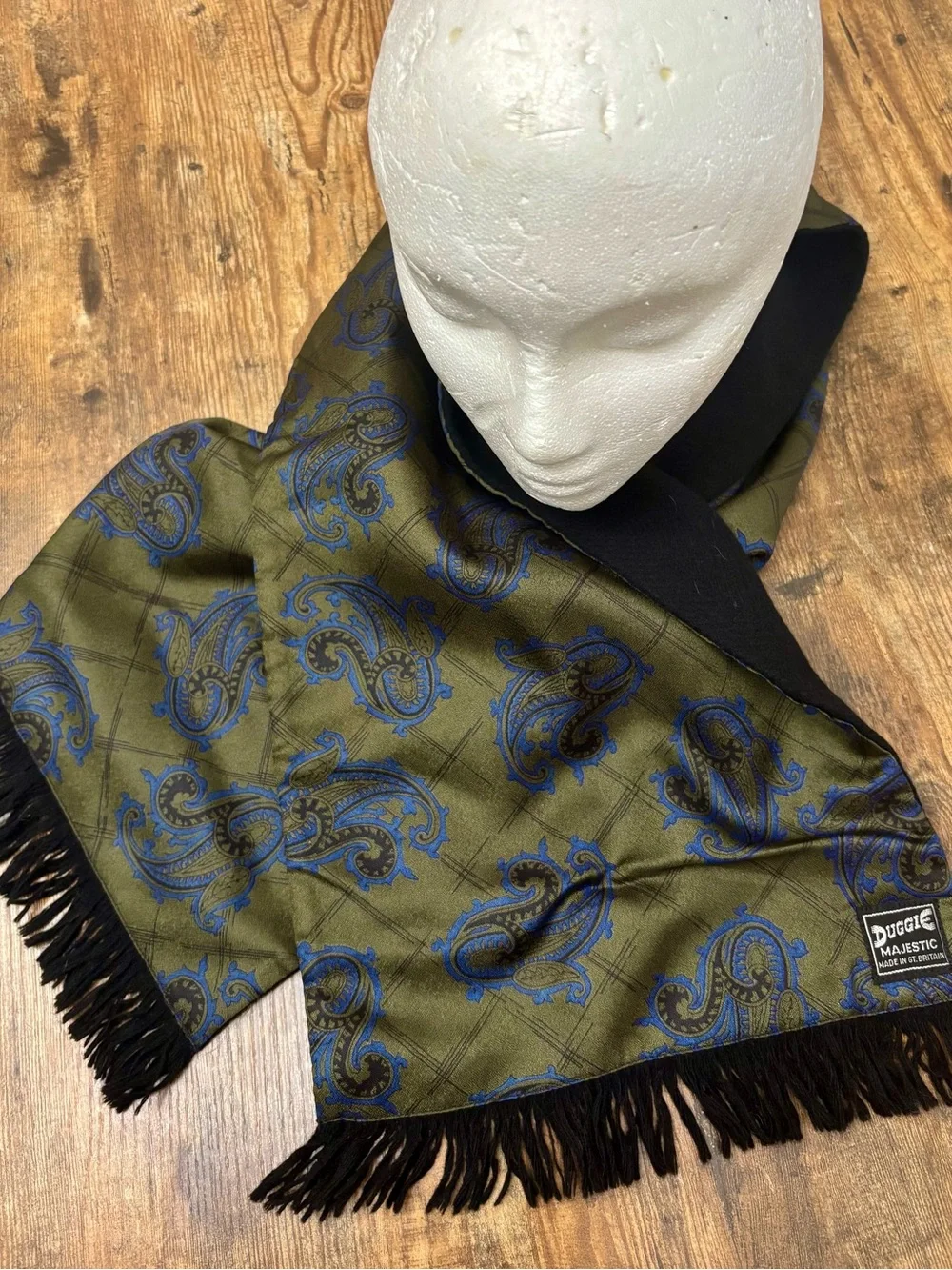 Duggie Majestic Vintage Olive/Blue Paisley Silk/Wool w/ Fringe Opera Scarf